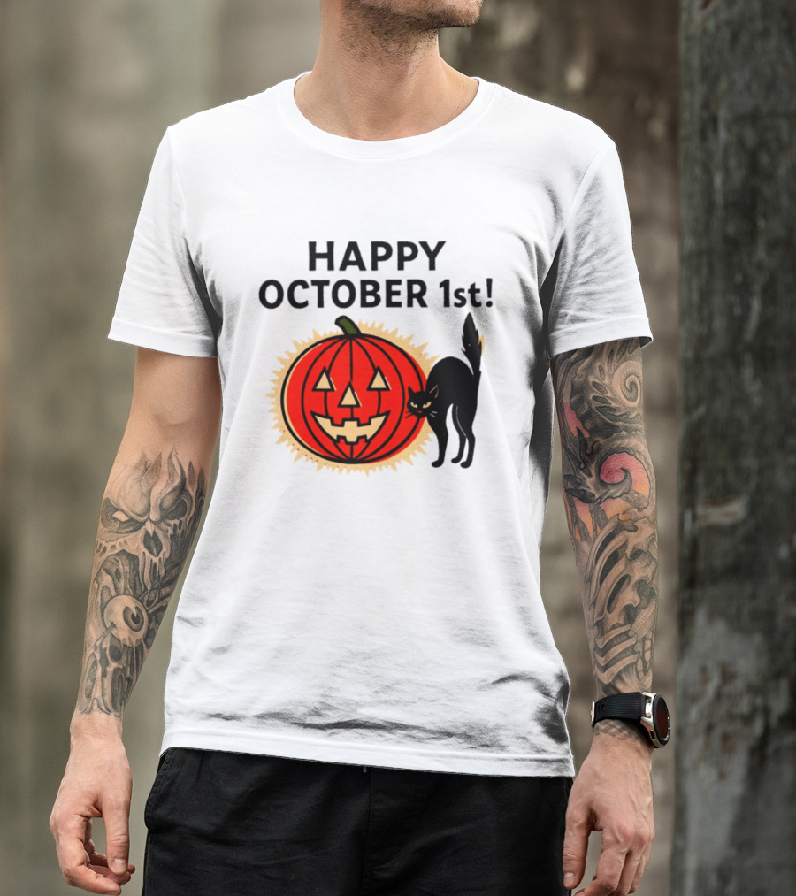 Happy October 1st Pumpkin Black Cat Halloween Celebration T-Shirt