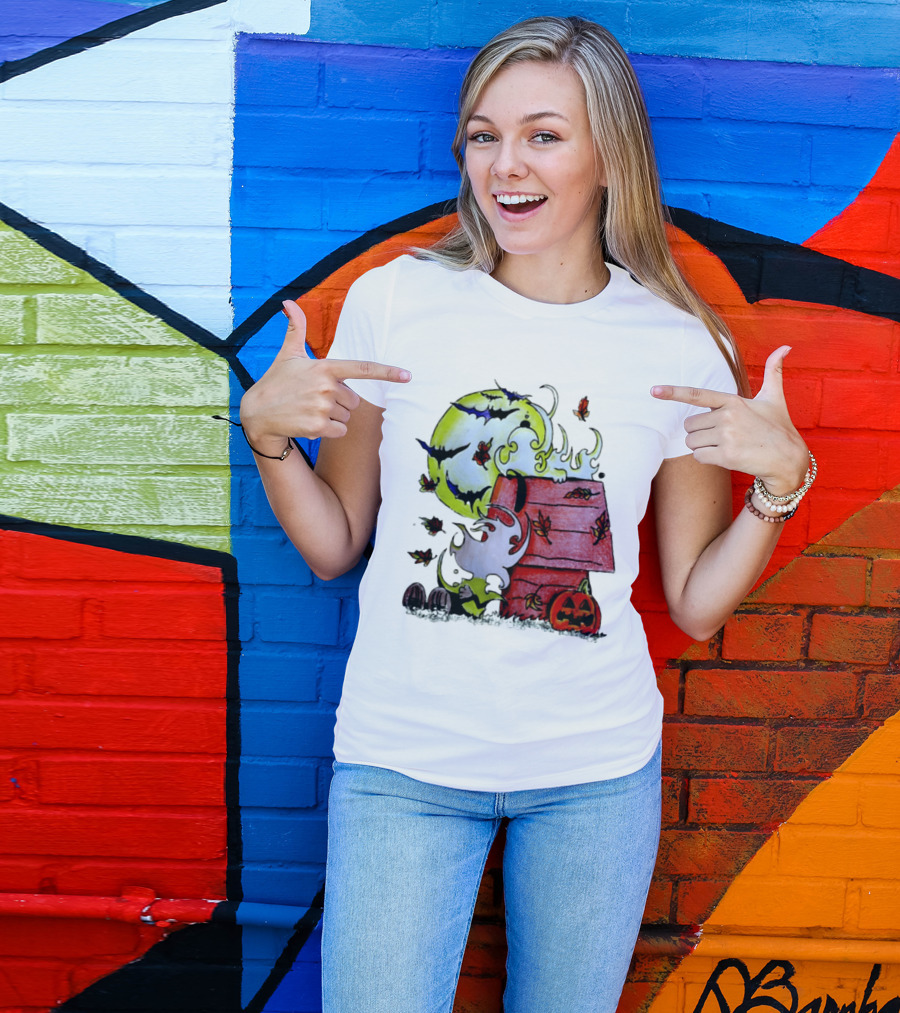 Snoopy Halloween Peanuts Moon Pumpkin Bats And Leaves T-Shirt