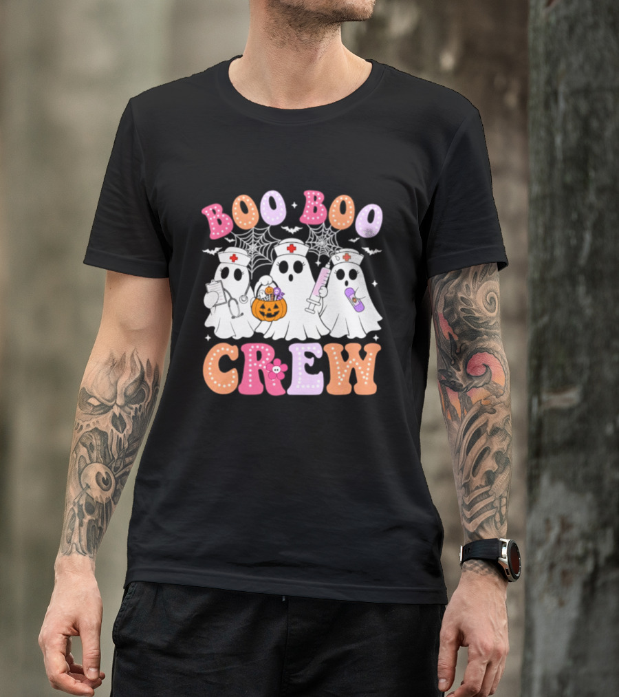 Boo Boo Crew Ghost Nurse Halloween Spooky Pumpkins And Webs T-Shirt
