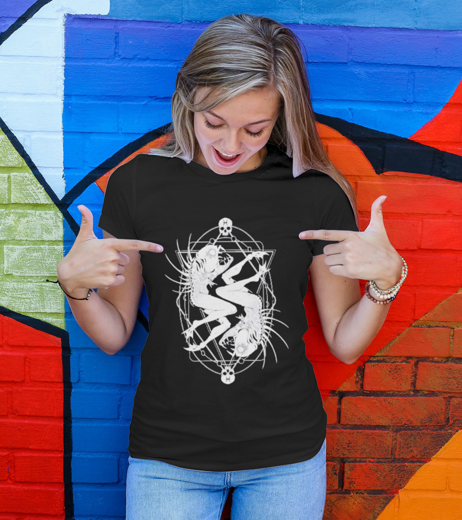 Half Woman Half Fish Skeleton Symmetry With Skulls T-Shirt