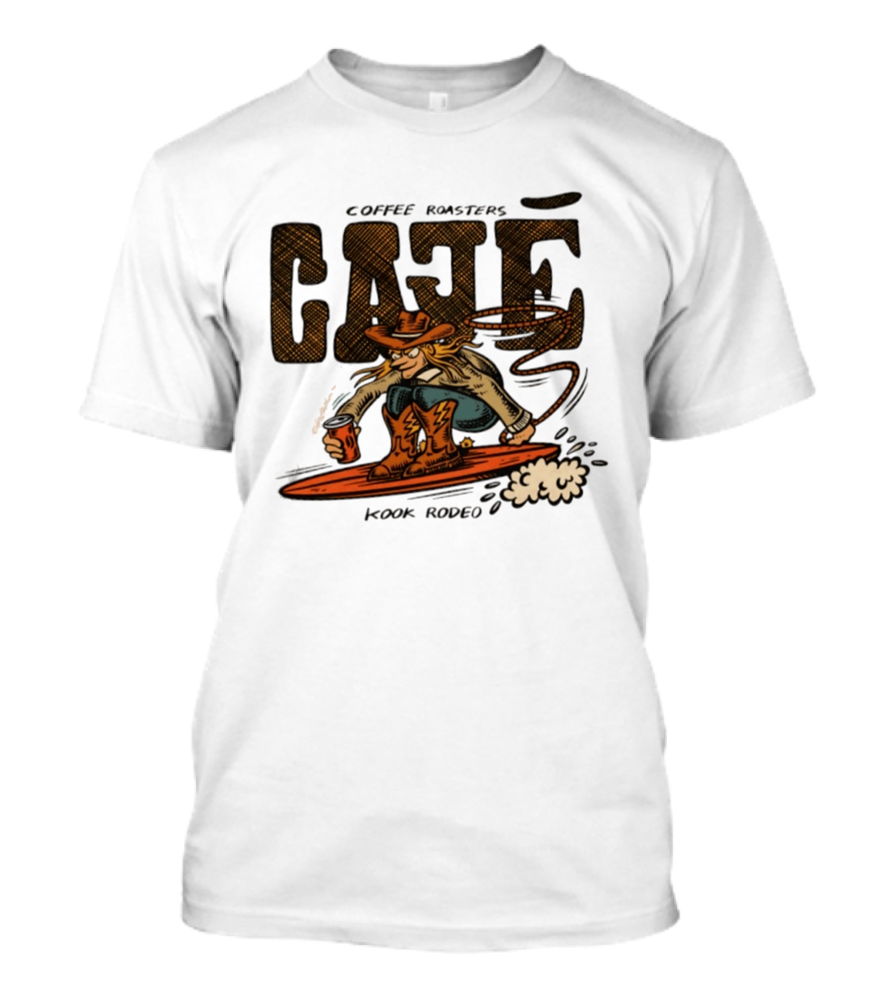 Cowboy Cafe Coffee Roaster Kook Rodeo Surfing Cowboy T-Shirt