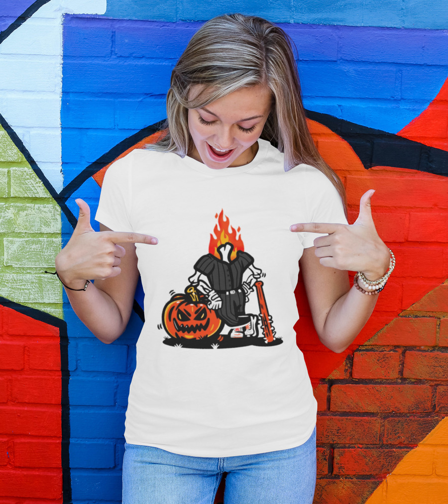 Flaming Pumpkin Head Baseball Player 2026 Halloween T-Shirt