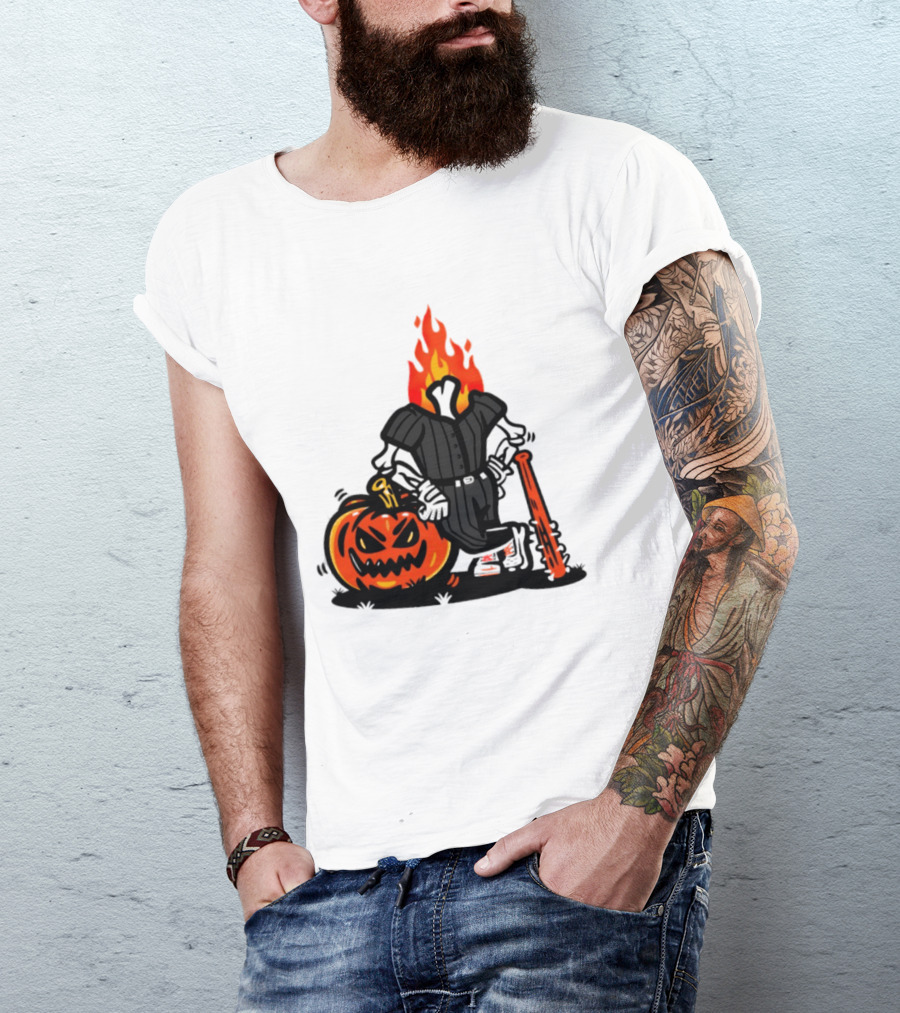 Flaming Pumpkin Head Baseball Player 2026 Halloween T-Shirt