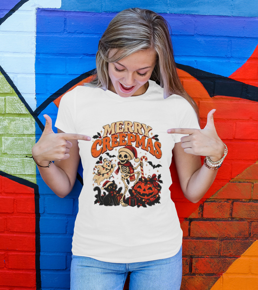 Merry Creepmas Skeleton Ghost Black Cat Pumpkin Holiday Scene T-Shirt