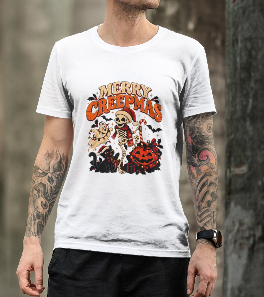 Merry Creepmas Skeleton Ghost Black Cat Pumpkin Holiday Scene T-Shirt