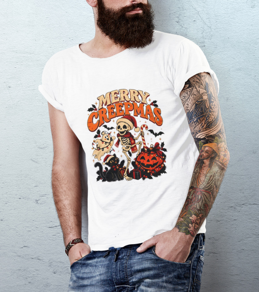 Merry Creepmas Skeleton Ghost Black Cat Pumpkin Holiday Scene T-Shirt