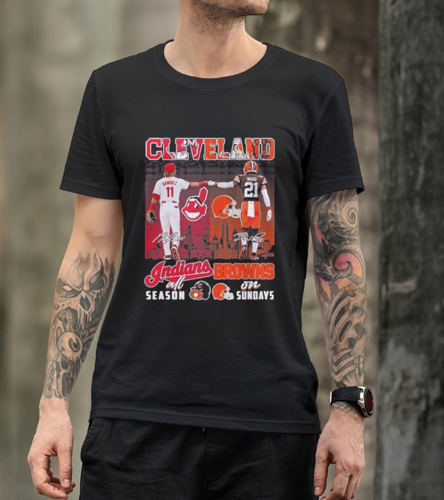 Cleveland José Ramírez Fist Bump Denzel Ward Indians All Season Browns On Sundays City Skyline T-Shirt
