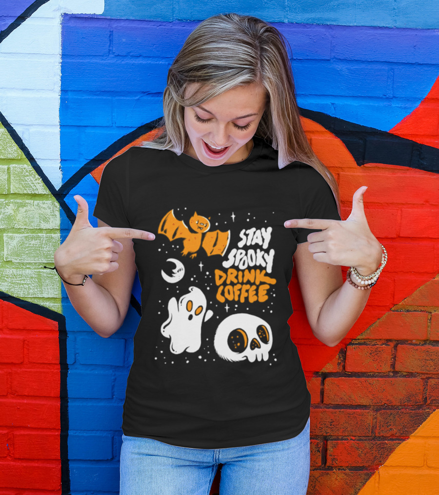 Stay Spooky Drink Coffee Halloween Ghost With Bat Skull And Moon T-Shirt