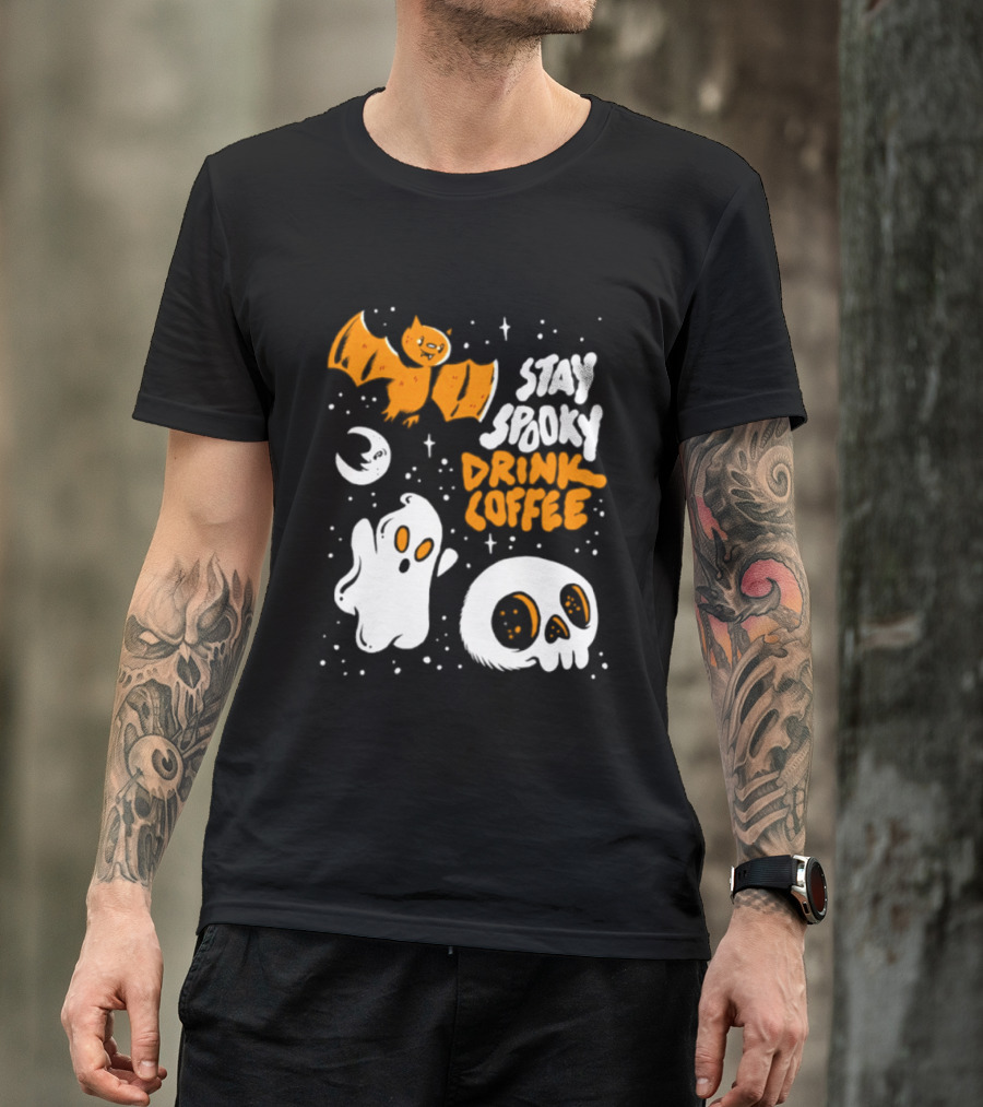 Stay Spooky Drink Coffee Halloween Ghost With Bat Skull And Moon T-Shirt