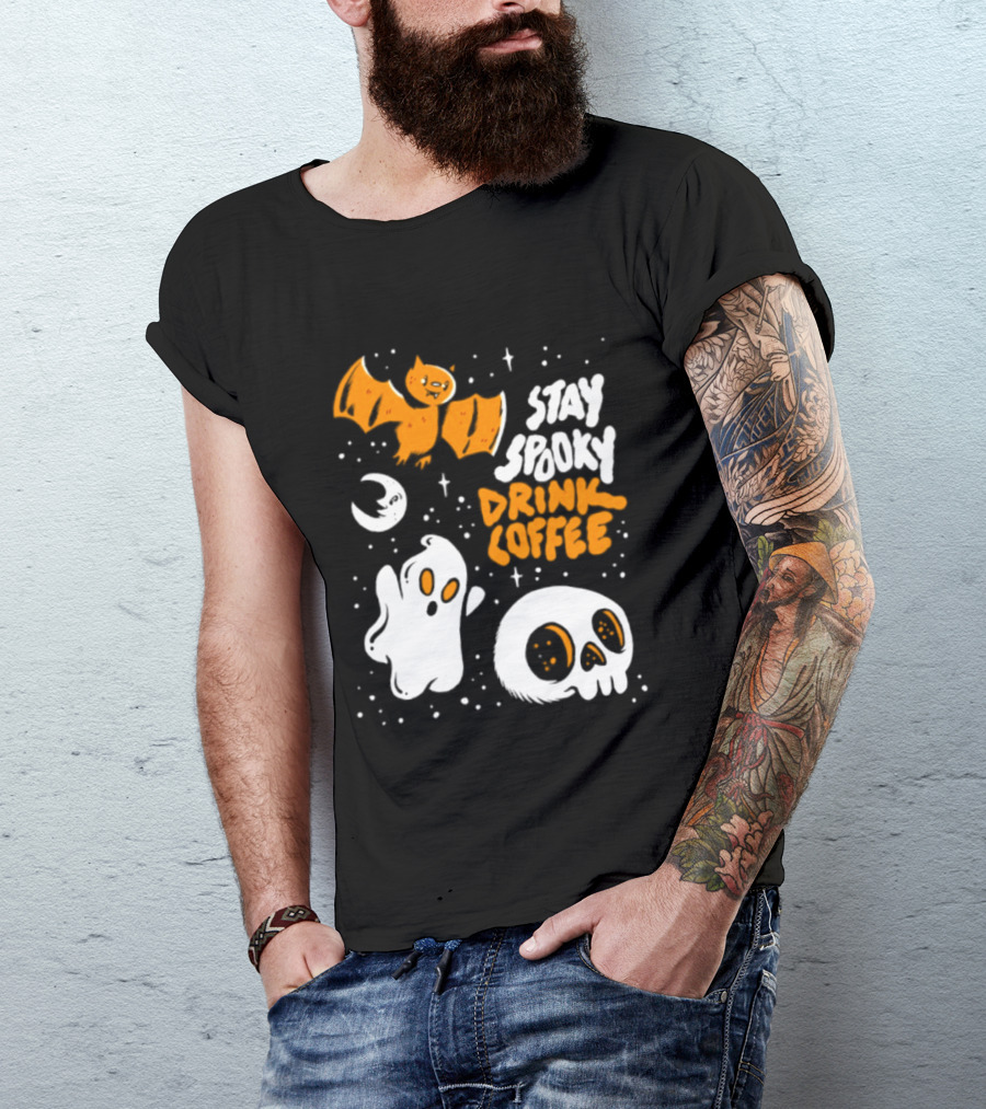 Stay Spooky Drink Coffee Halloween Ghost With Bat Skull And Moon T-Shirt
