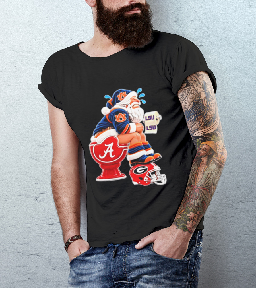 Auburn Santa On Alabama Crimson Tide Toilet With LSU Paper Georgia Bulldogs Helmet Football Humor T-Shirt