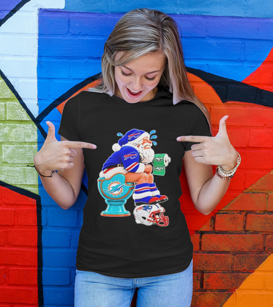 Buffalo Bills Santa On Miami Dolphins Toilet With NY Jets Paper And Patriots Helmet T-Shirt