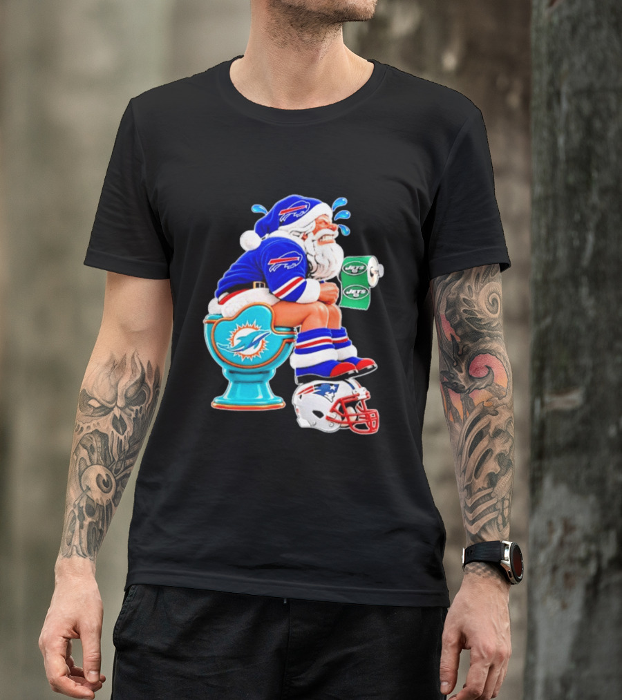 Buffalo Bills Santa On Miami Dolphins Toilet With NY Jets Paper And Patriots Helmet T-Shirt