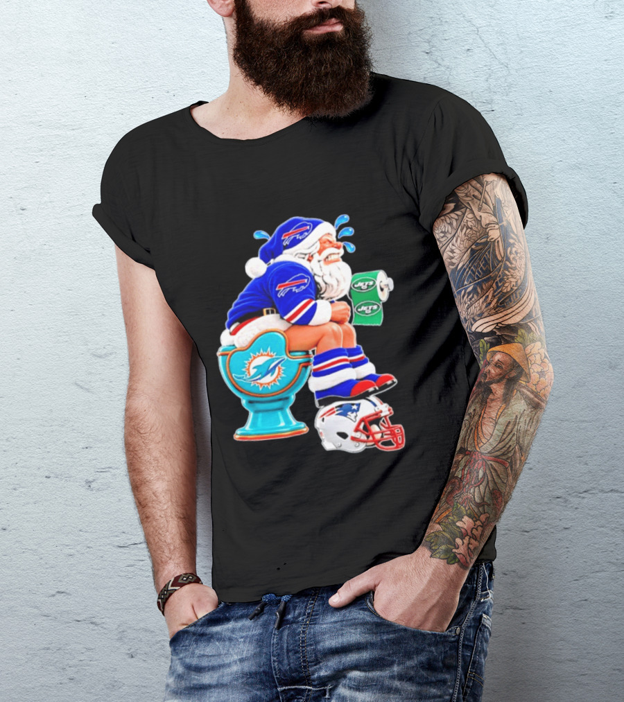 Buffalo Bills Santa On Miami Dolphins Toilet With NY Jets Paper And Patriots Helmet T-Shirt