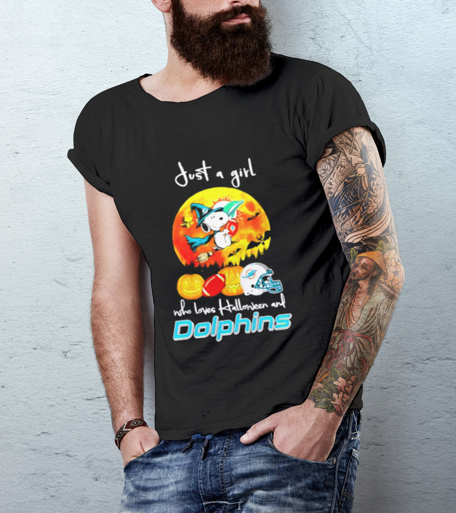 Just A Girl Who Loves Halloween And Miami Dolphins Snoopy Woodstock Pumpkin Football T-Shirt