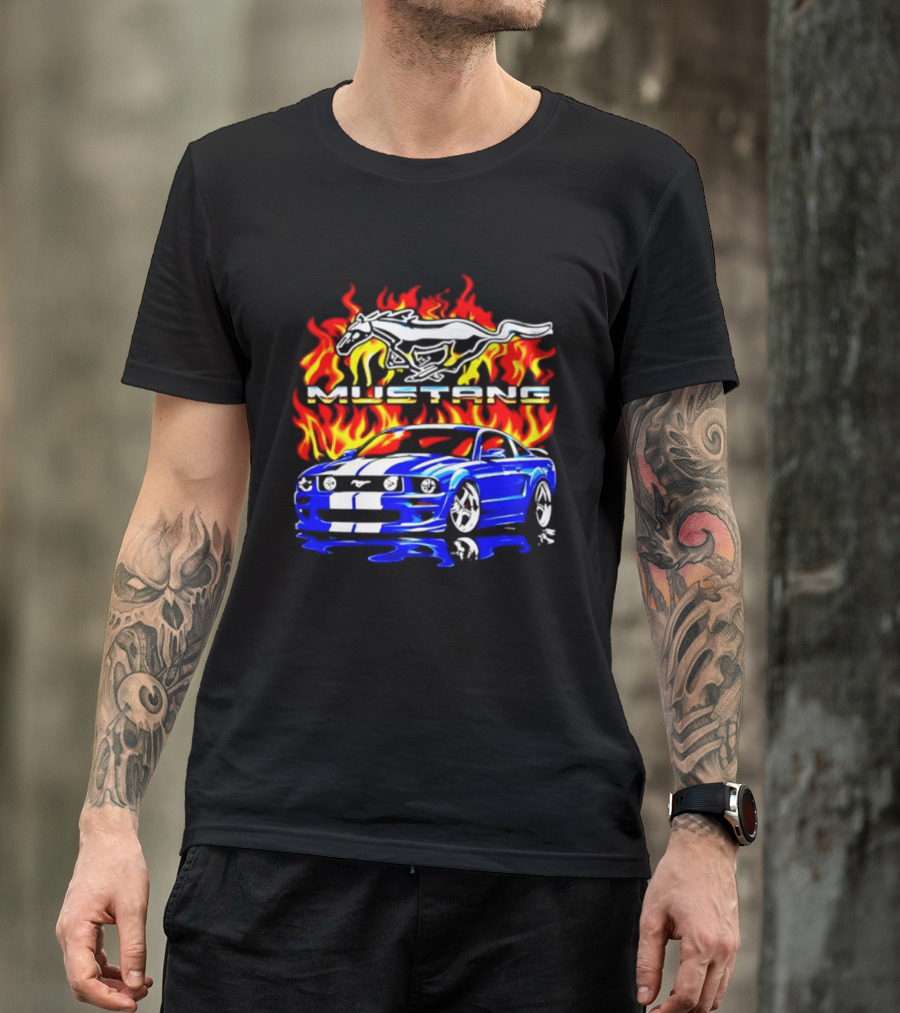 Mustang Blue Car With Flaming Horse And Fire T-Shirt