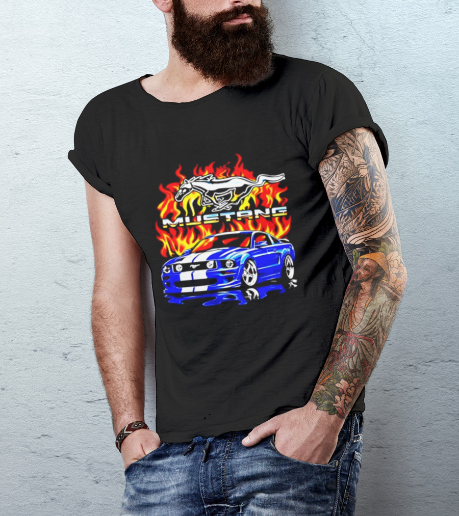 Mustang Blue Car With Flaming Horse And Fire T-Shirt