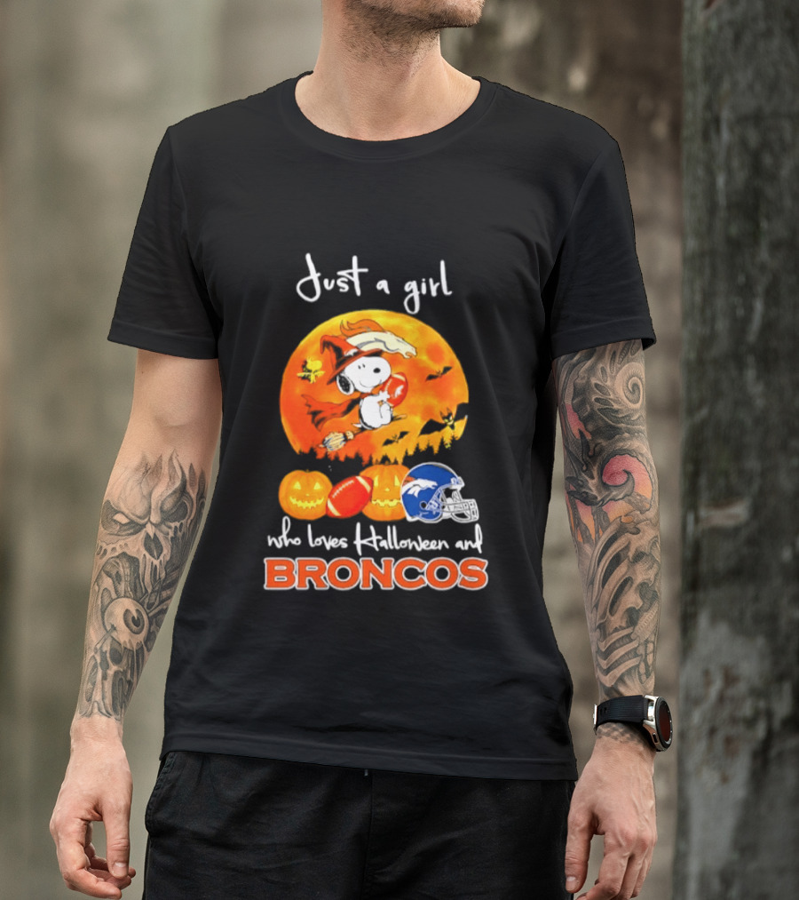 Just A Girl Who Loves Halloween And Broncos Football With Snoopy And Woodstock In Pumpkin T-Shirt
