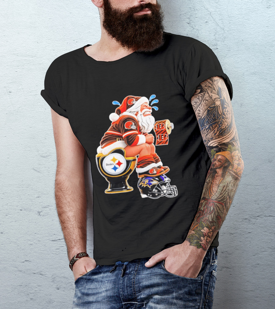 Santa Claus Cleveland Browns Toilet Sitting Steelers Ravens Bengals Meme T-Shirt