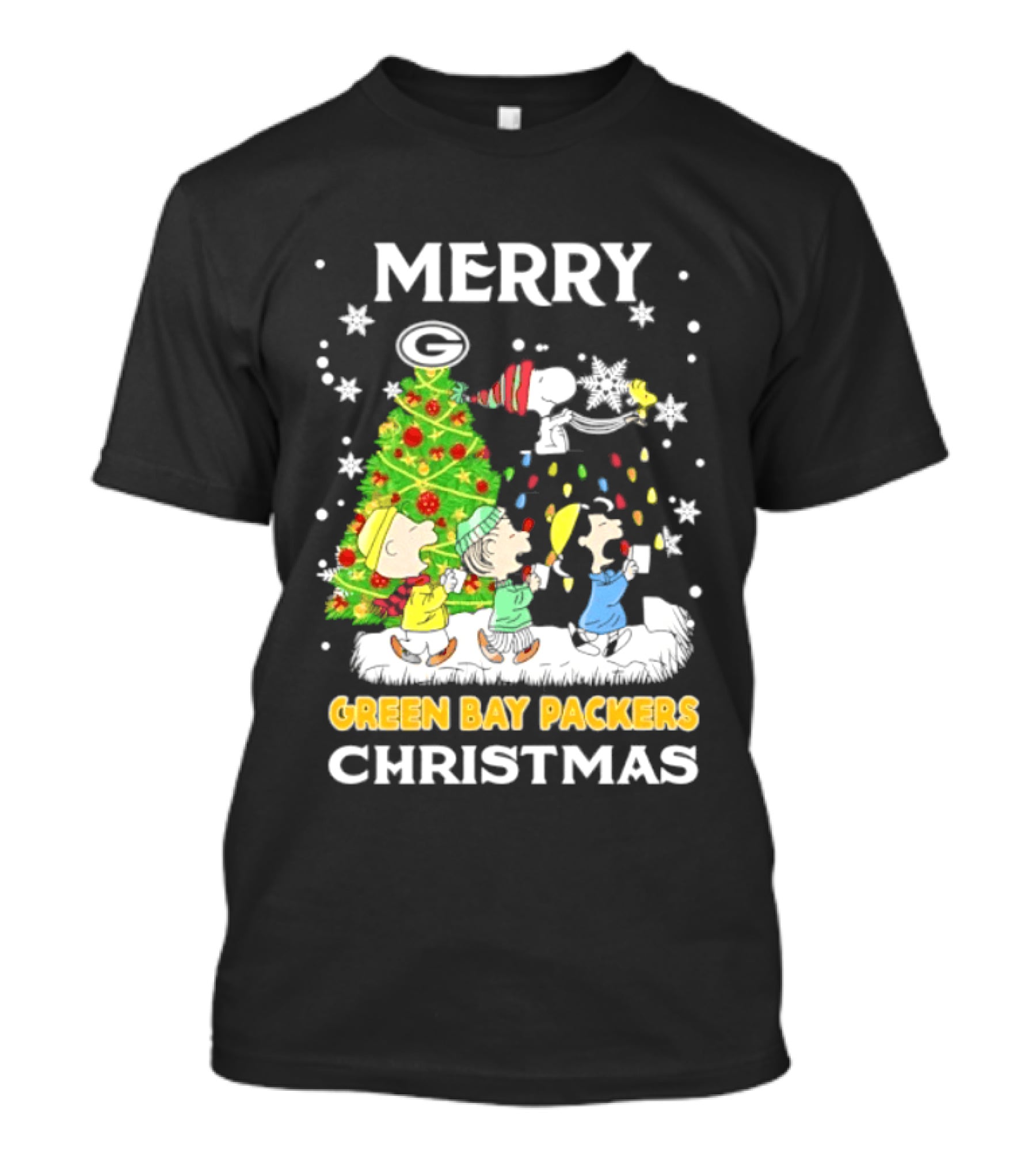Merry Green Bay Packers Peanuts Christmas Caroling With Snoopy And Woodstock T-Shirt