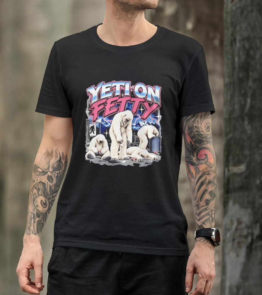 Yeti On Fetty Bigfoot Snowy Mountain Scene T-Shirt