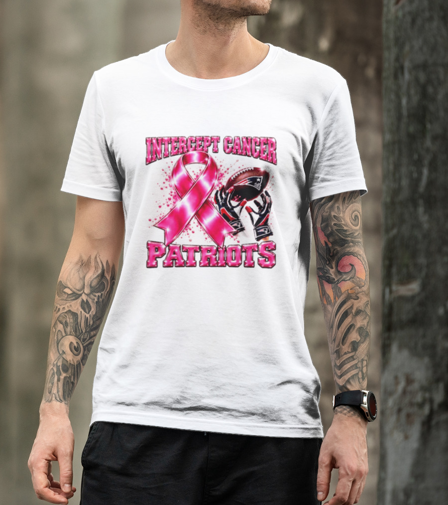 Intercept Cancer New England Patriots 2026 Football Gloves Pink Ribbon Awareness T-Shirt
