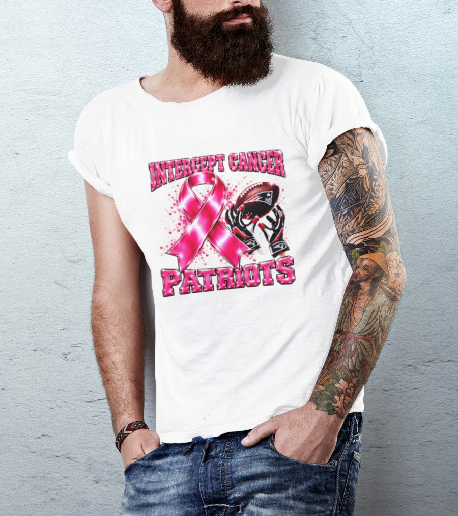 Intercept Cancer New England Patriots 2026 Football Gloves Pink Ribbon Awareness T-Shirt