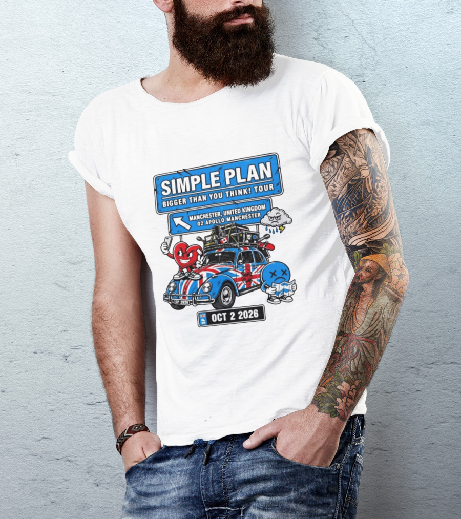 Simple Plan Bigger Than You Think Tour Manchester O2 Apollo Oct 2 2026 Car And Characters T-Shirt