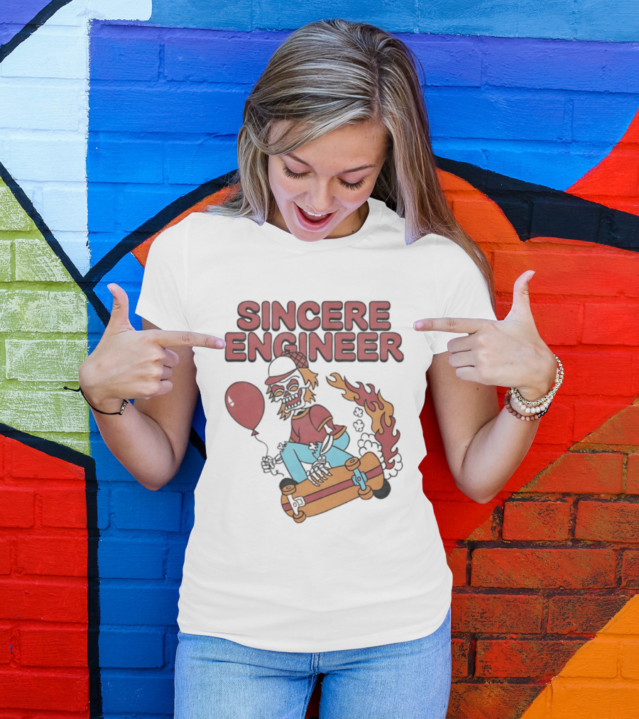Sincere Engineer Skeleton Skateboarder With Balloon And Flaming Wheels T-Shirt