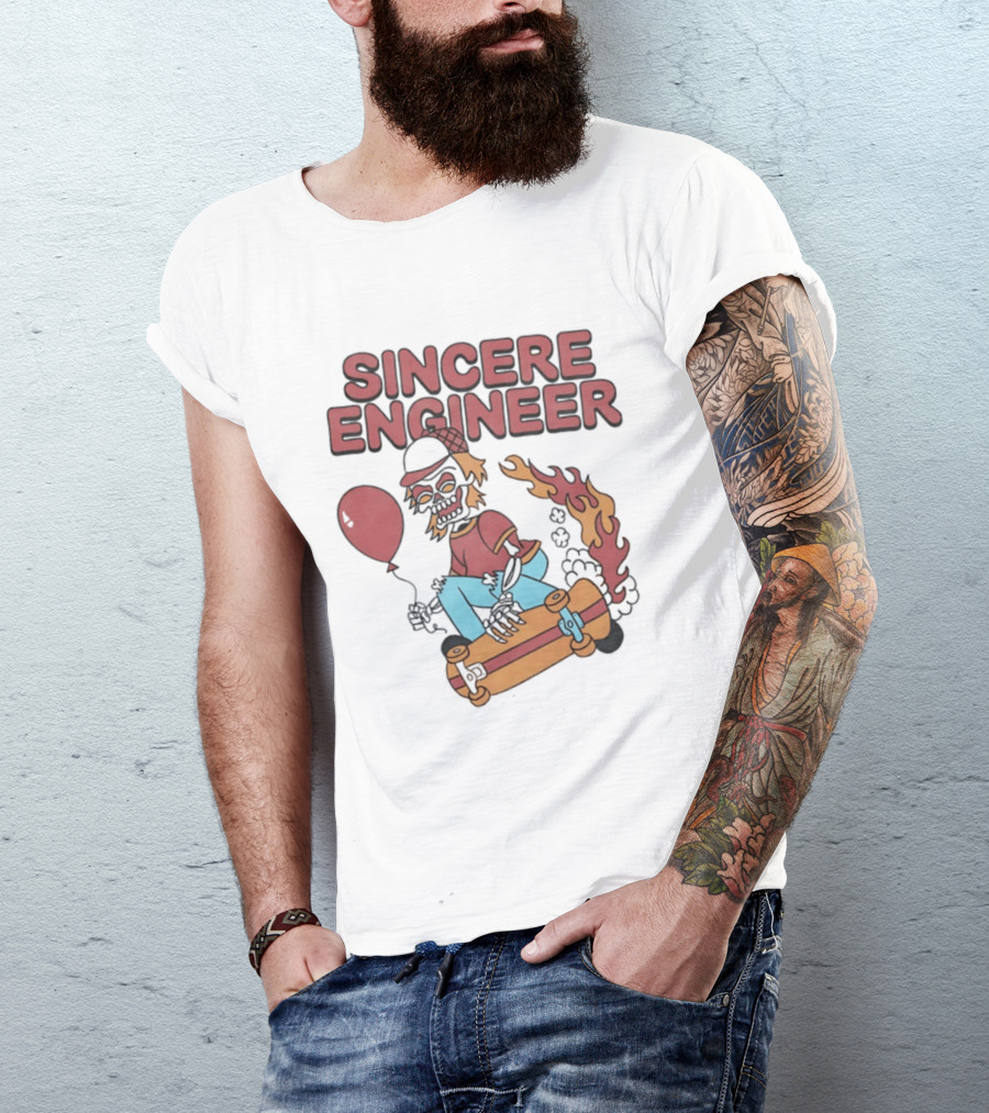 Sincere Engineer Skeleton Skateboarder With Balloon And Flaming Wheels T-Shirt