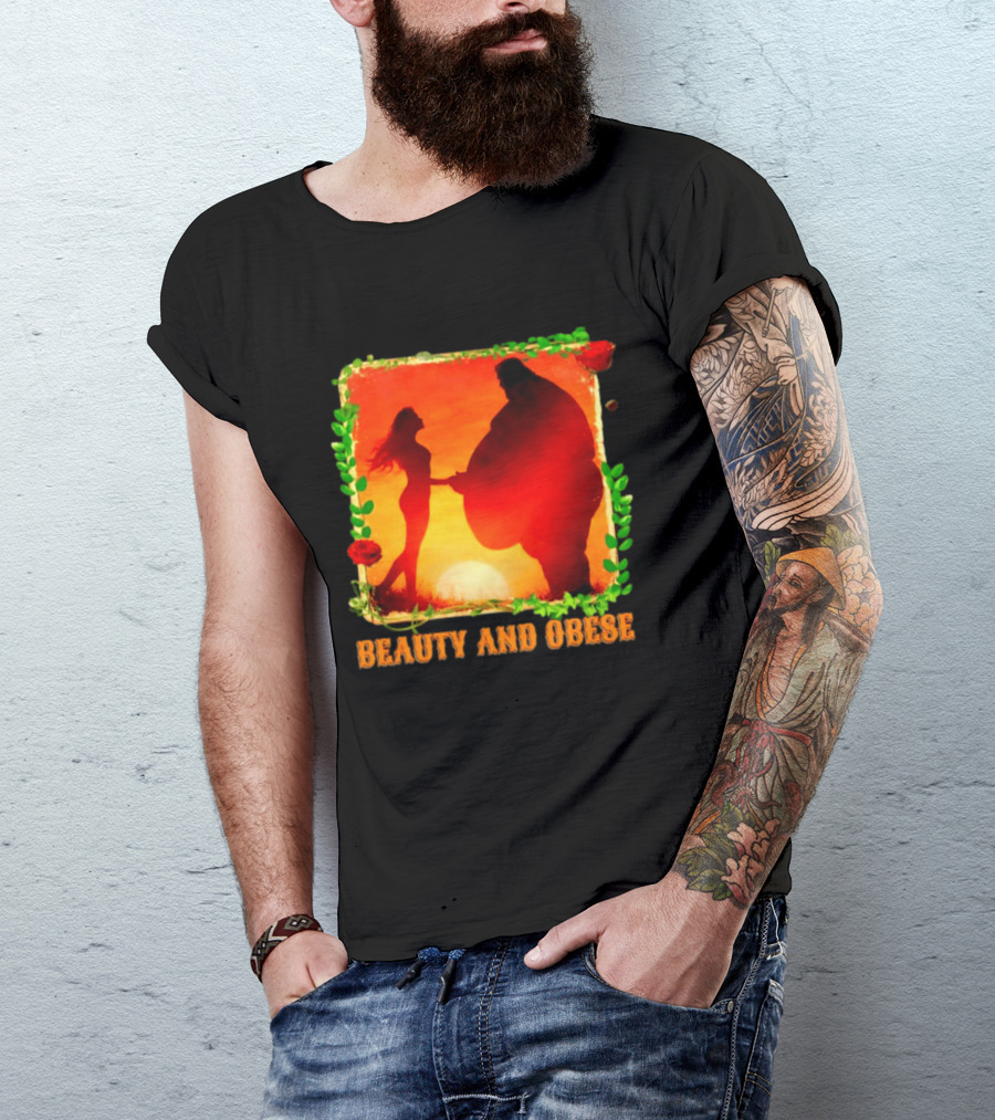Beauty And Obese Romantic Satire With Sunset Silhouette And Roses T-Shirt