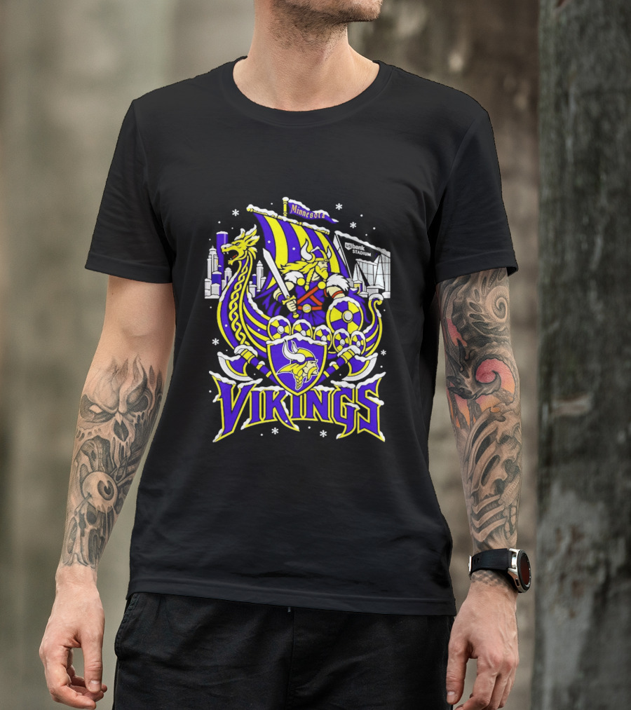Minnesota Vikings Ship US Bank Stadium Winter City Skyline T-Shirt