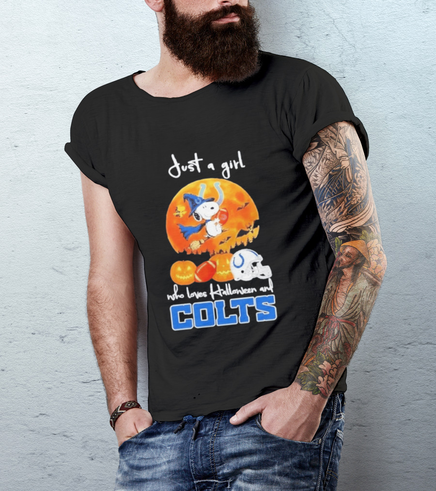 Just A Girl Who Loves Halloween And Colts Snoopy Woodstock Collaboration T-Shirt