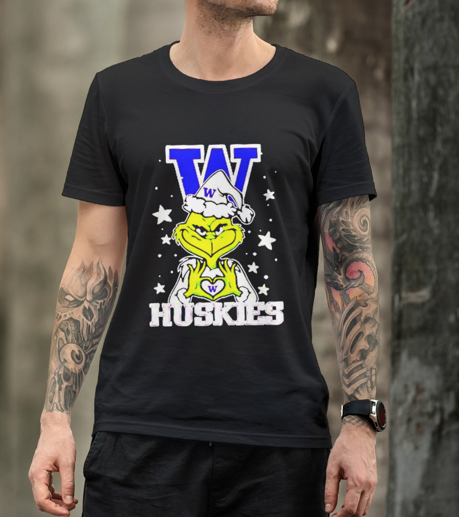 Washington Huskies Grinch Santa Hat Christmas Heart Hands W Monogram T-Shirt