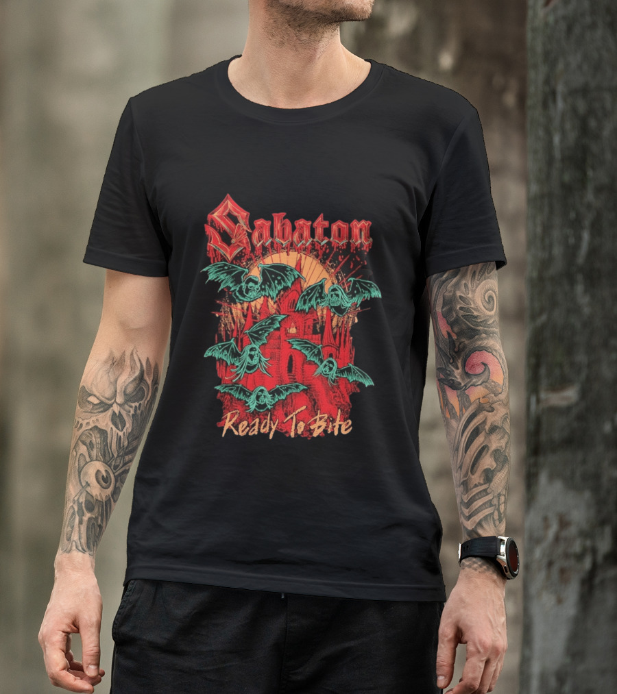 Sabaton Ready To Bite Halloween Spooky Bats Castle Scene T-Shirt