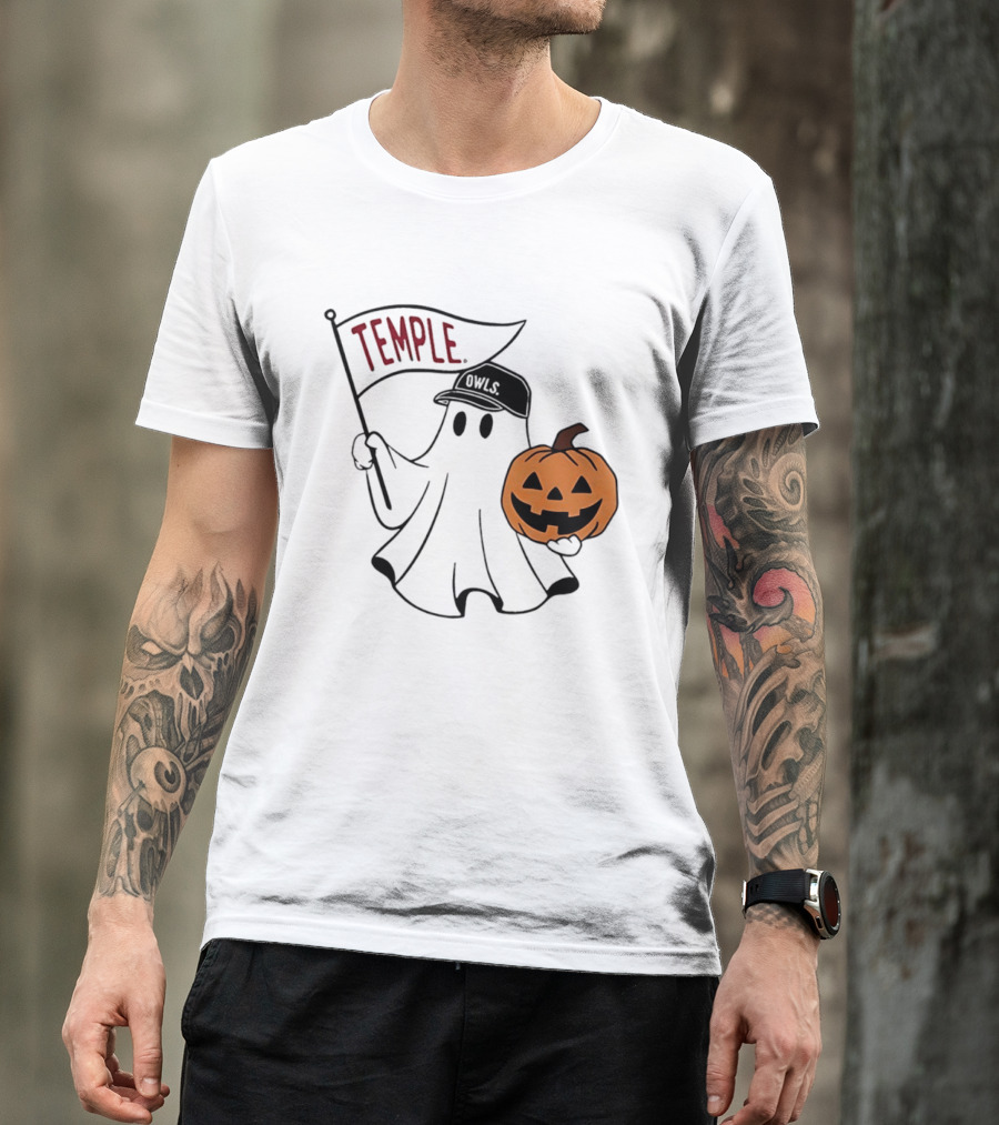 Temple Owls Halloween Ghost With Pumpkin And Flag T-Shirt
