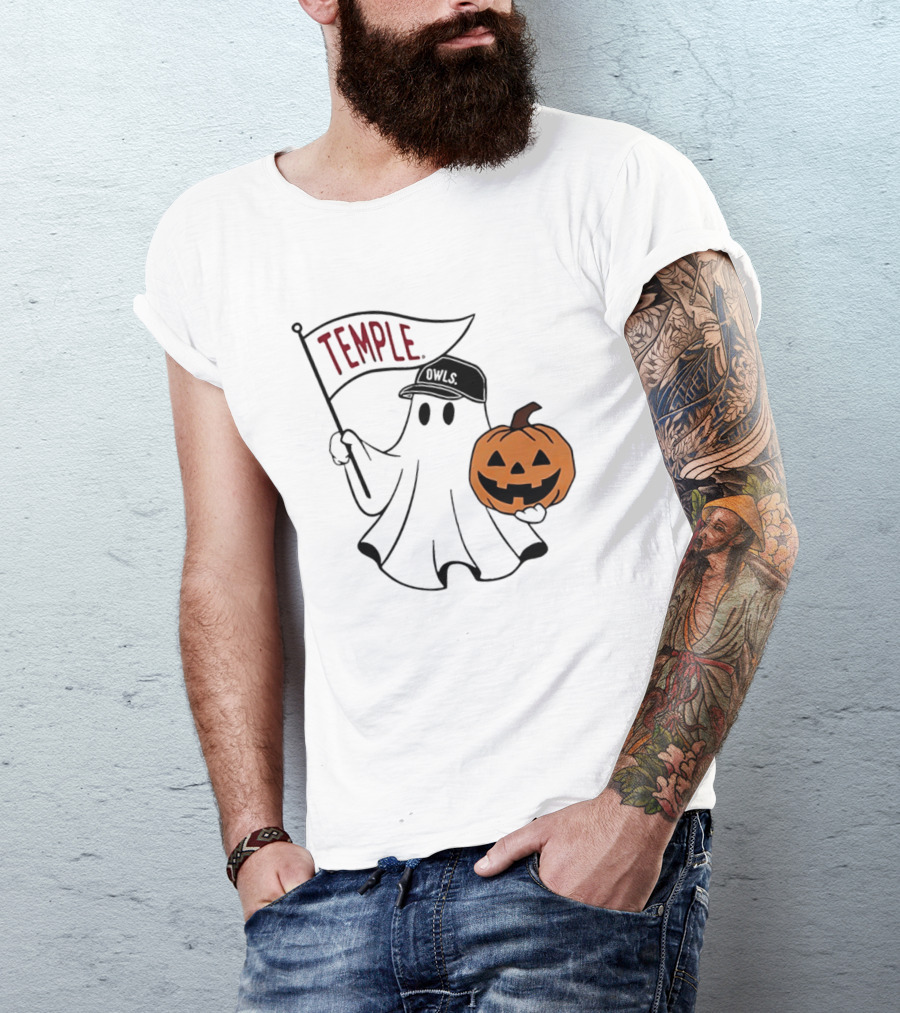 Temple Owls Halloween Ghost With Pumpkin And Flag T-Shirt