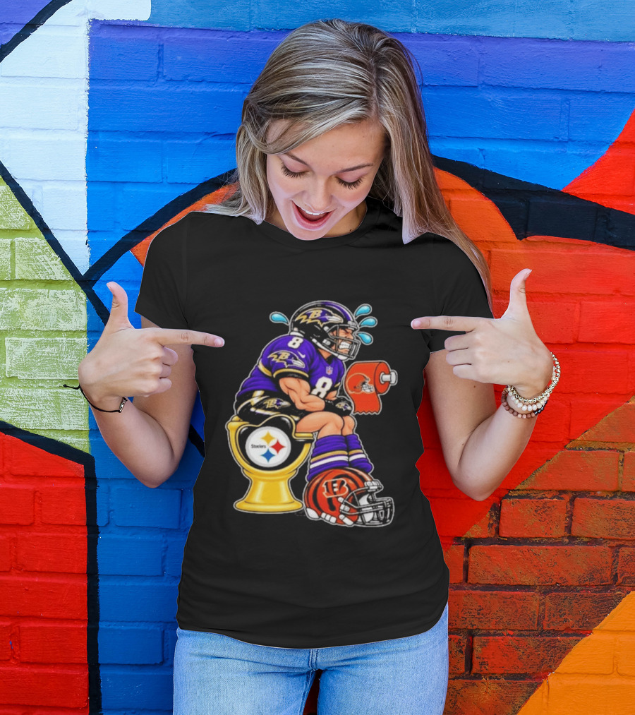 Baltimore Ravens Lamar Jackson On Steelers Toilet With Browns Toilet Paper And Bengals Helmet T-Shirt