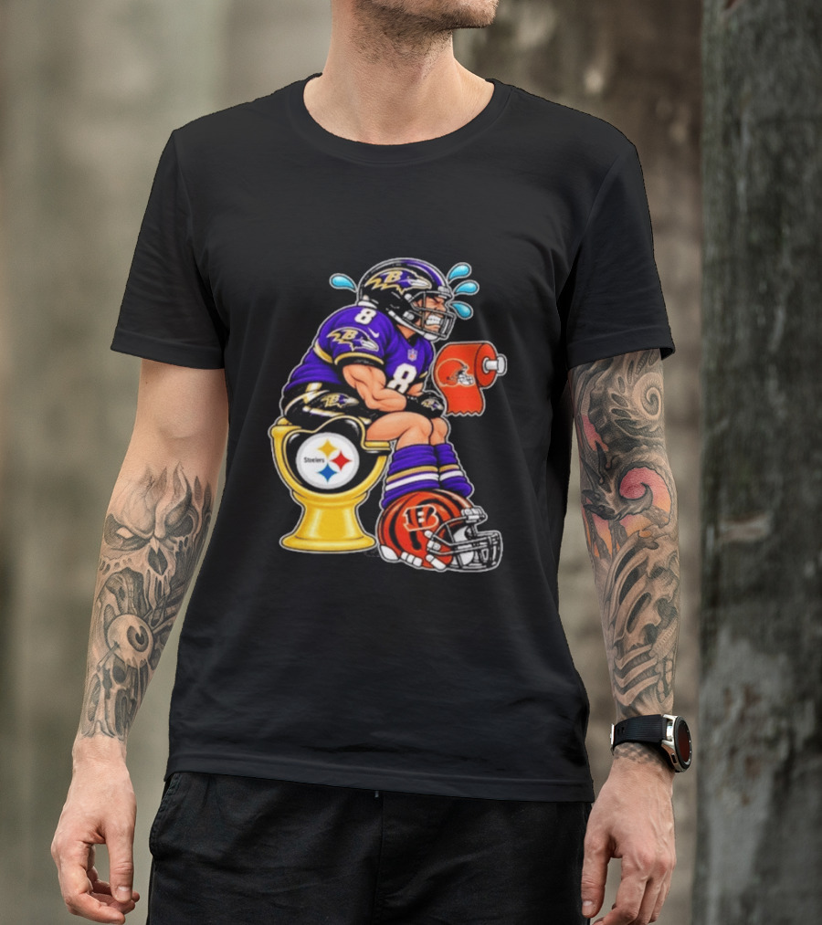 Baltimore Ravens Lamar Jackson On Steelers Toilet With Browns Toilet Paper And Bengals Helmet T-Shirt