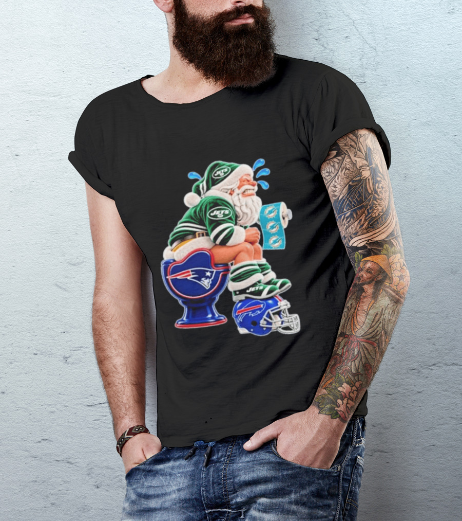 New England Patriots Miami Dolphins Buffalo Bills New York Jets Santa Football Christmas T-Shirt