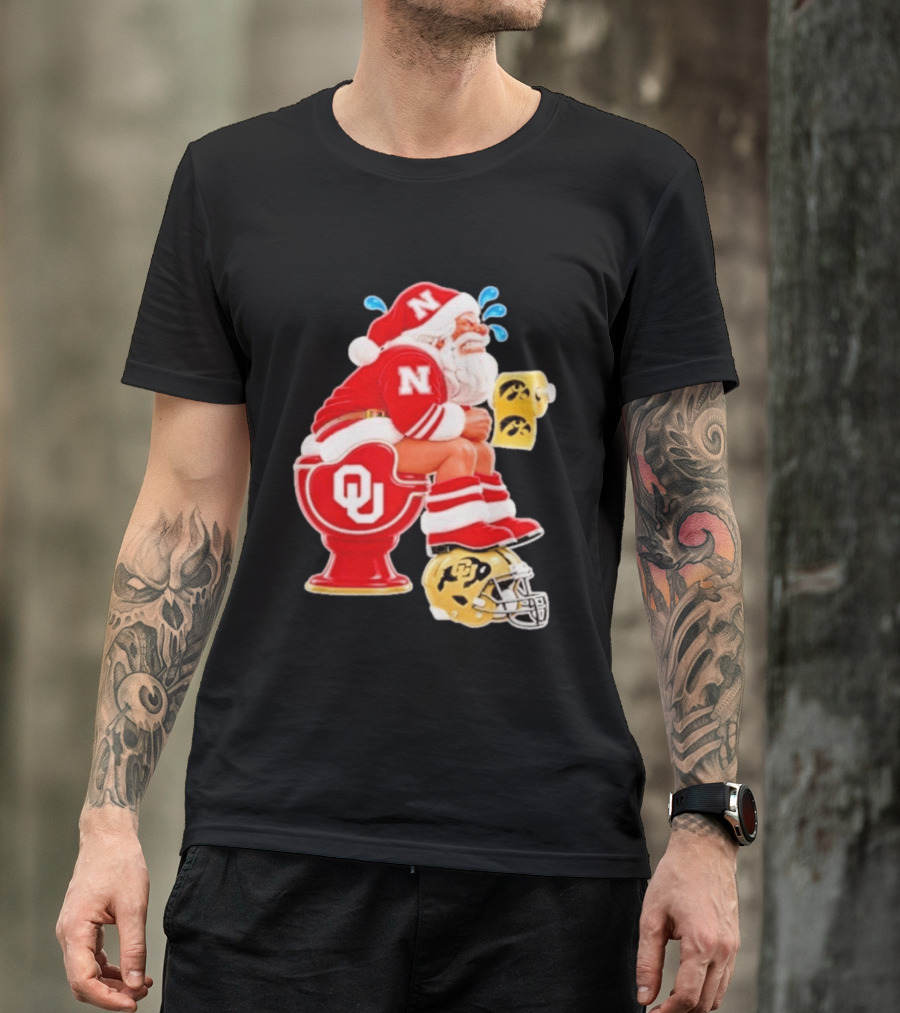 Nebraska Santa On Oklahoma Toilet With Iowa Toilet Paper And Colorado Helmet Football Rivalry Humor T-Shirt