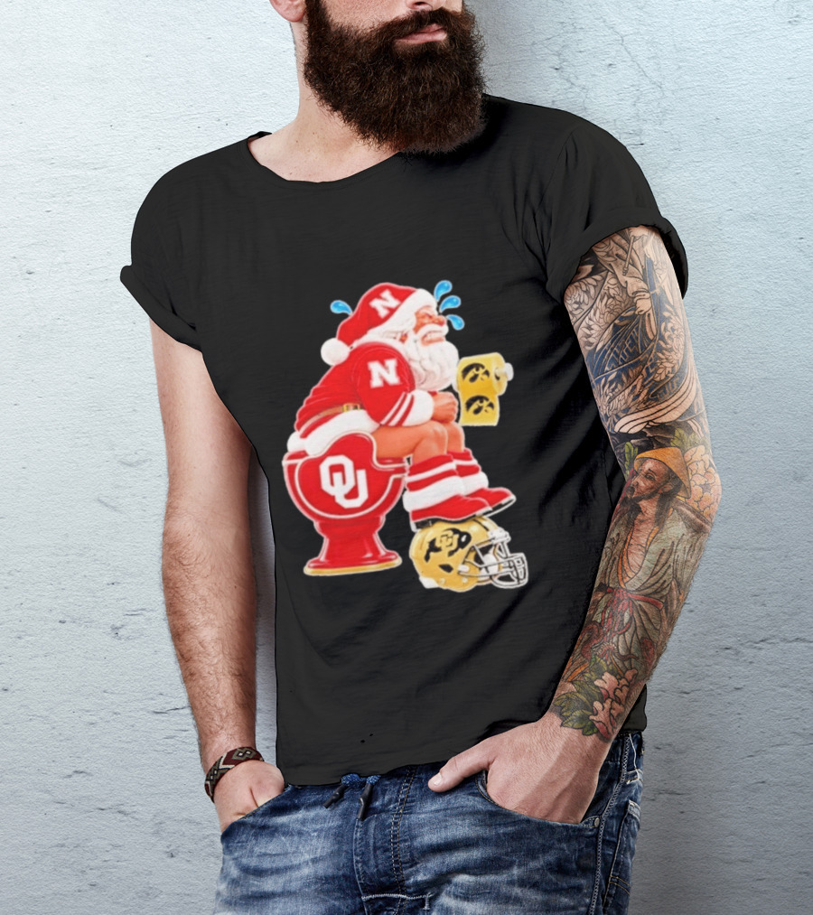 Nebraska Santa On Oklahoma Toilet With Iowa Toilet Paper And Colorado Helmet Football Rivalry Humor T-Shirt