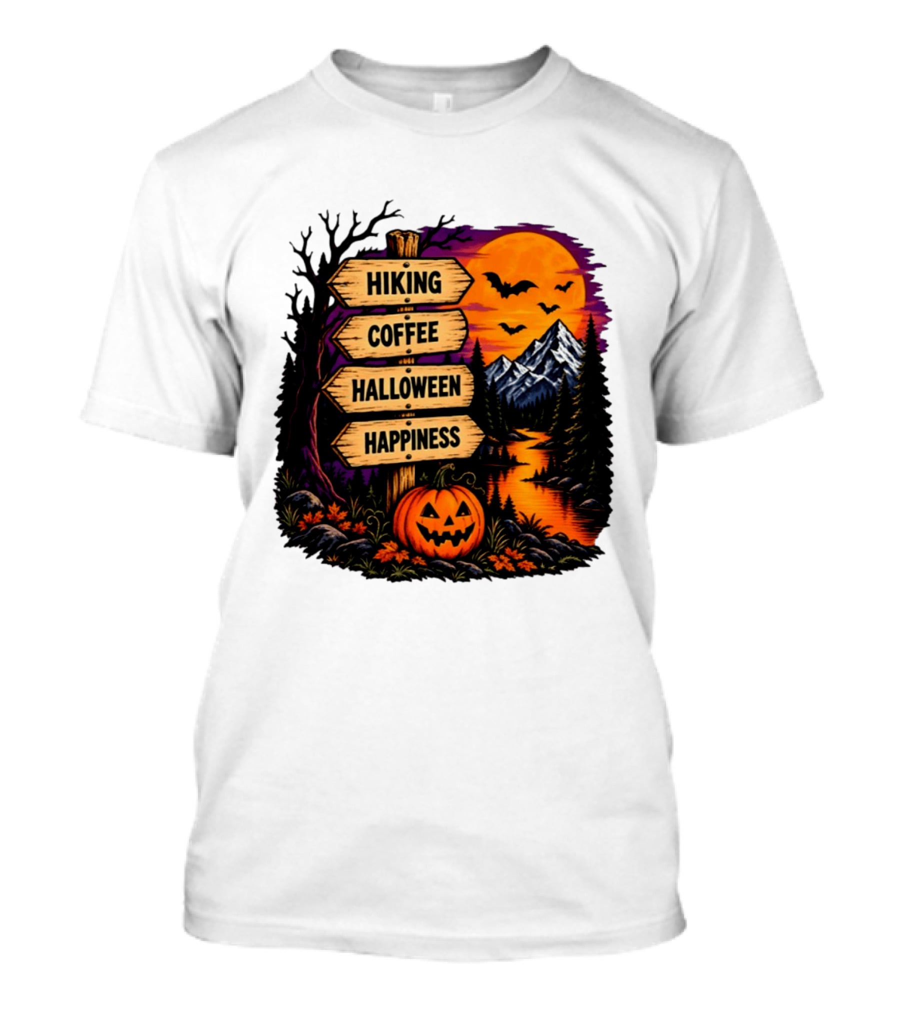 Hiking Coffee Halloween Happiness Fall Season Signpost Scenic Sunset Pumpkin Bats T-Shirt