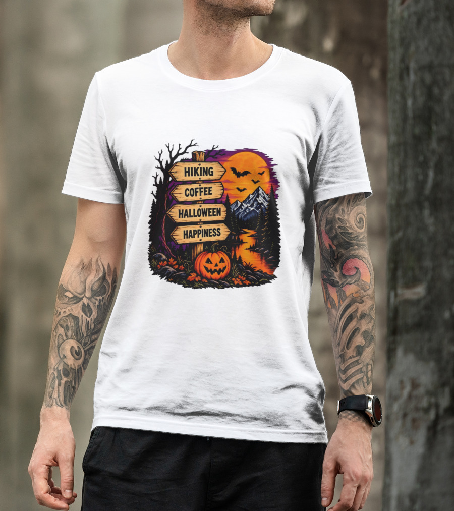 Hiking Coffee Halloween Happiness Fall Season Signpost Scenic Sunset Pumpkin Bats T-Shirt