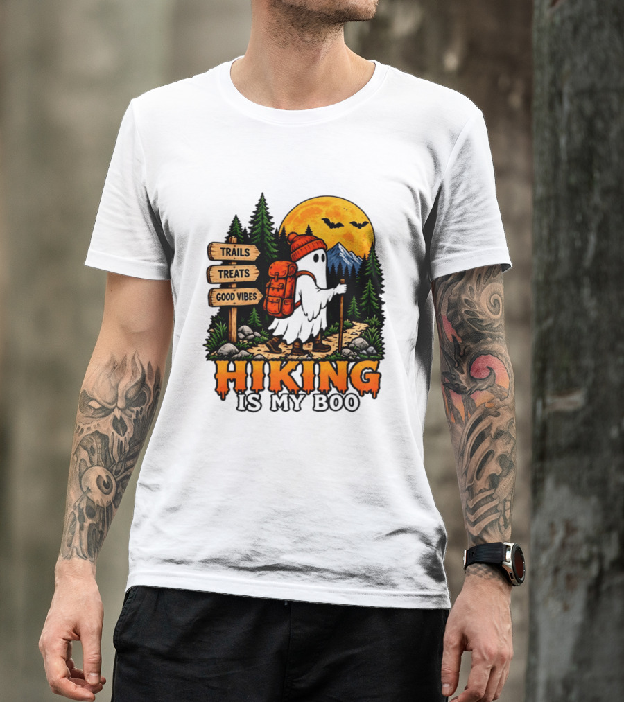 Hiking Is My Boo Ghost Trails Treats Good Vibes Halloween T-Shirt
