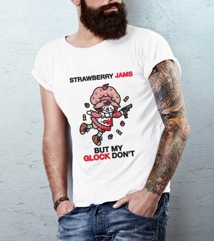 Strawberry Jams But My Glock Don't Cartoon Character With Pink Frosted Hat And Pistol T-Shirt