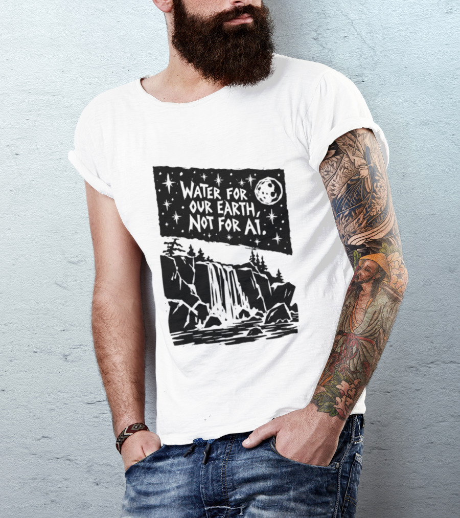 Water For Our Earth Not For AI Moonlit Waterfall Environmental Message T-Shirt