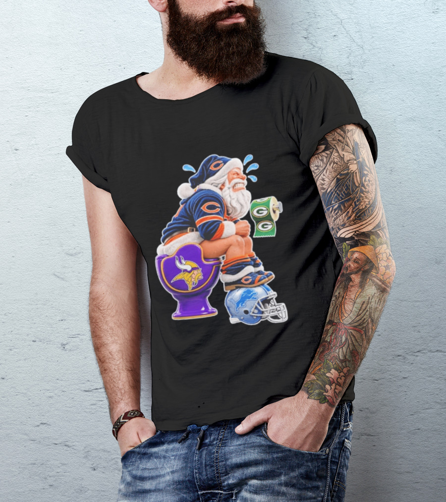 Santa Claus On Toilet Minnesota Vikings Detroit Lions Green Bay Packers Chicago Bears Funny Christmas 2026 Football T-Shirt