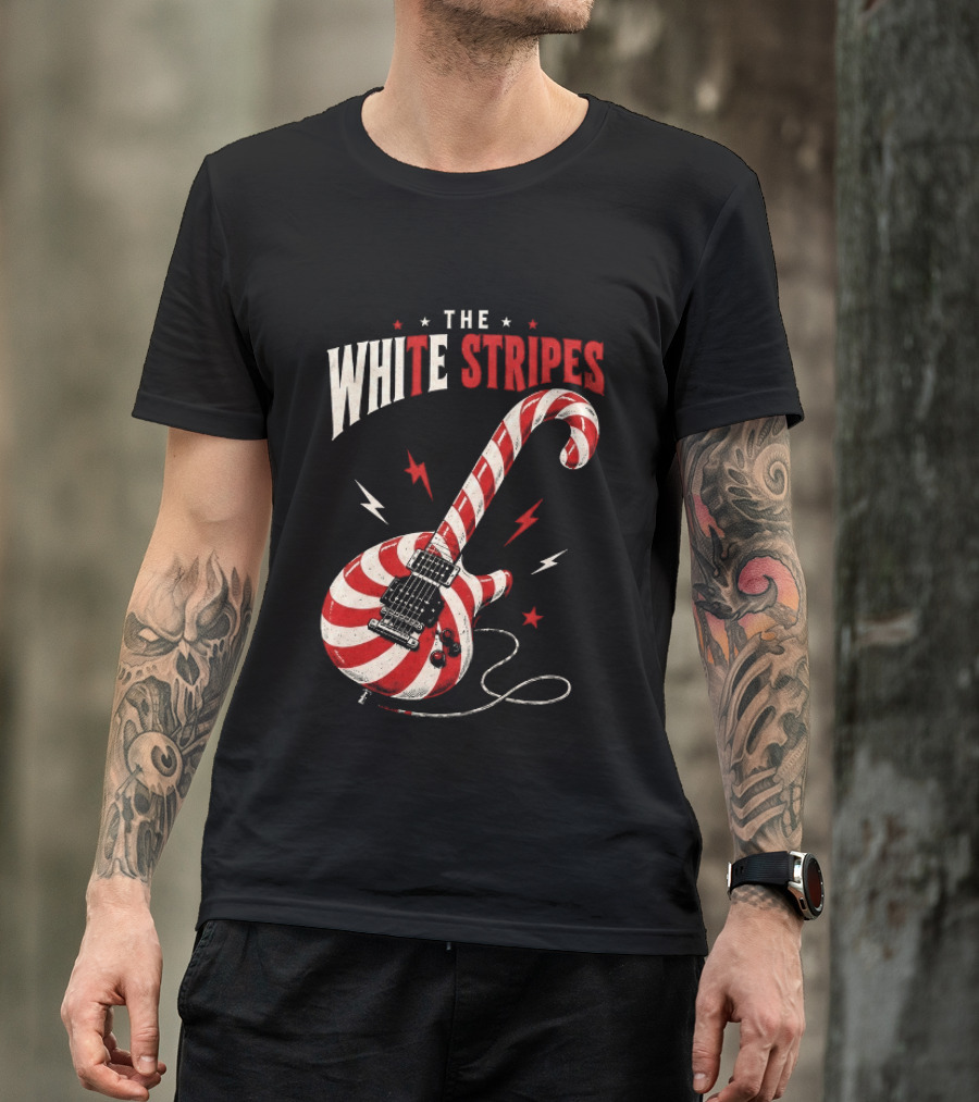 The White Stripes Candy Cane Christmas Guitar Rock Themes T-Shirt