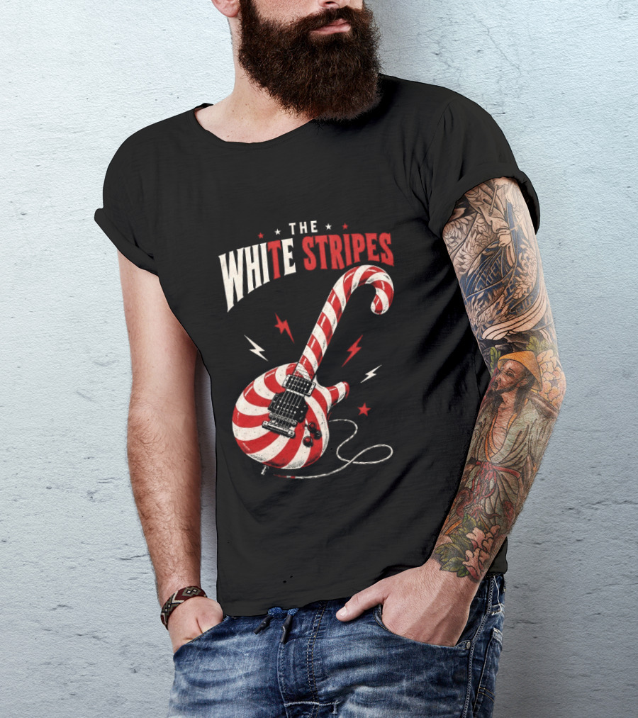 The White Stripes Candy Cane Christmas Guitar Rock Themes T-Shirt
